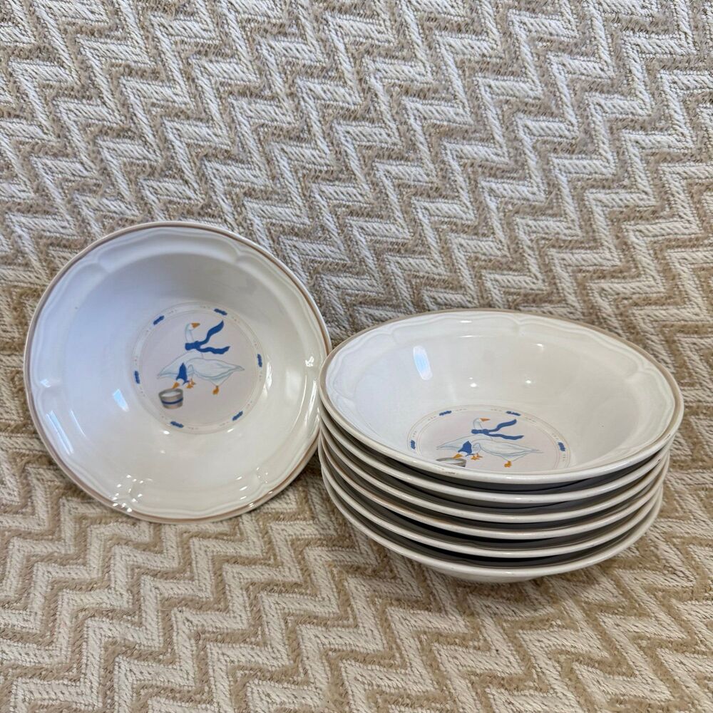 Vintage 1987 Newcor Stoneware Countryside Goose Cereal Soup Bowls Set of 7